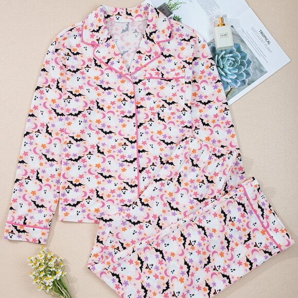 Halloween Ghost Print Button Up Top and‎ Pants Lounge Set - Picture 4 of 11